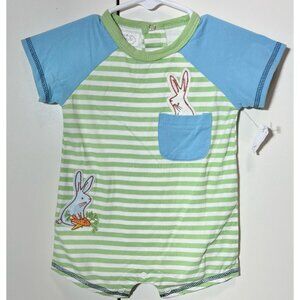 Mud Pie 3-6m NWT Easter Bunny Rabbit romper shortall applique green Egg Hunt